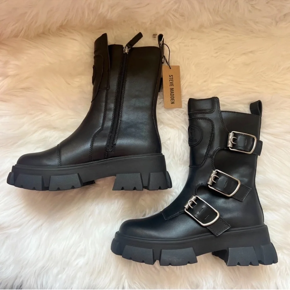 ❤️SOLD❤️ Steve Madden Chunky Sole Platform Moto Combat Boots in Black Leather - Picture 8 of 11